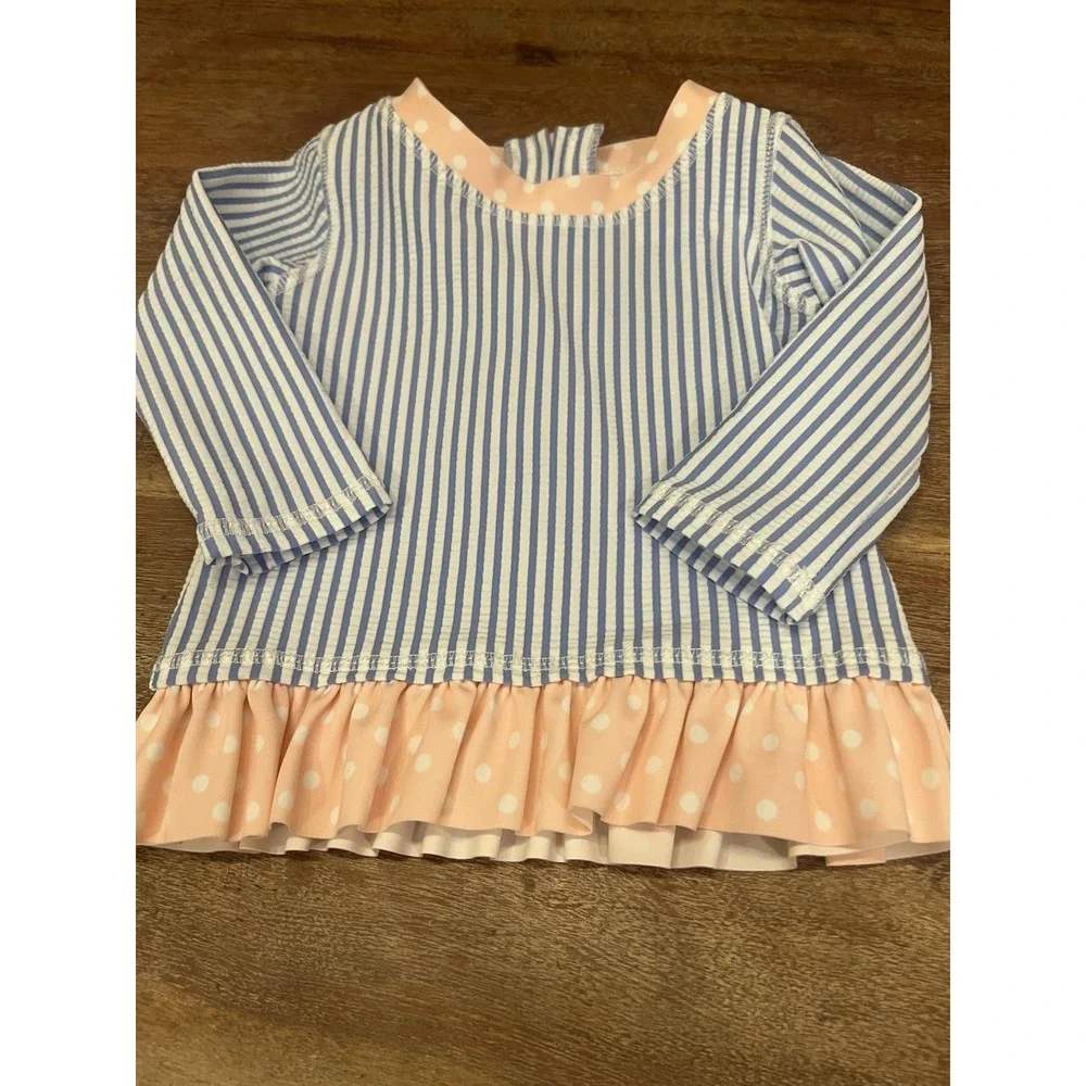 RuffleButts Toddler Girls Seersucker, Long Sleeve Swim Rash Guard Size 6-12 M